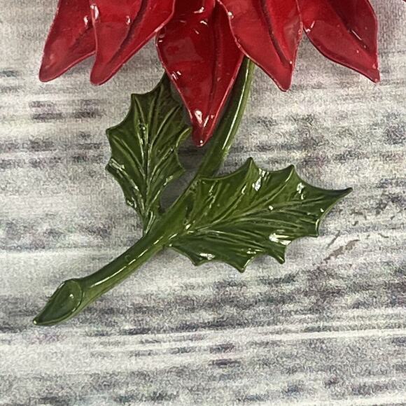 Vintage 60's Enamel Flower Poinsettia Brooch Pin Red Green Jewelry MCM Mod 5" - Picture 8 of 16